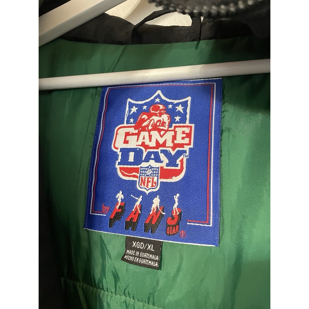 Vintage 90s New York Jets NFL Game Day Puffer Jacket XL Black Green Hooded Coat - Picture 4 of 9